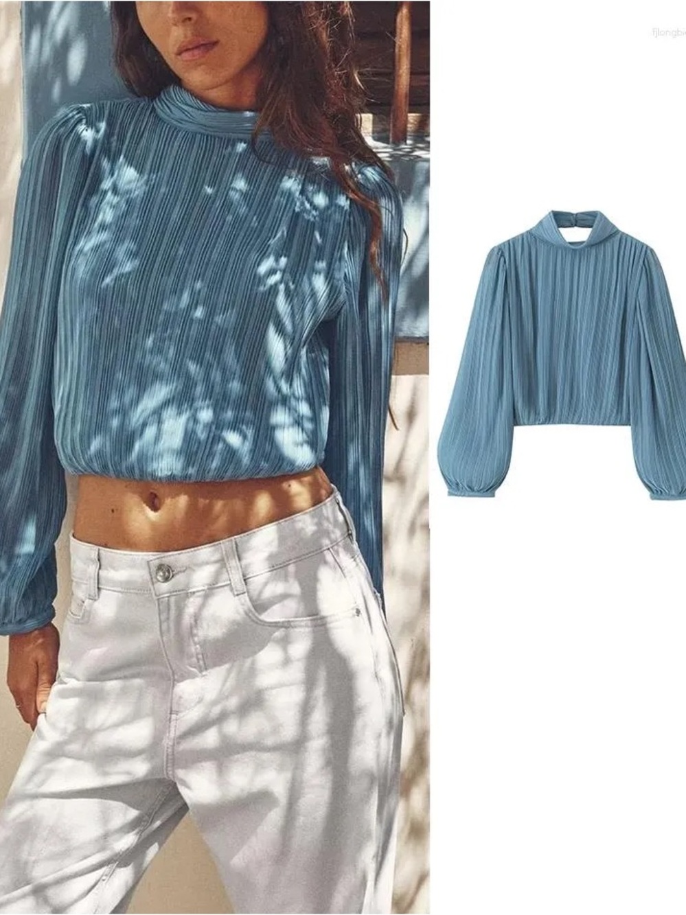 NWT Zara Blue Open Back Balloon sleeve high neck top. Size Large
